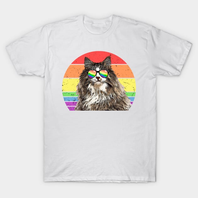 LGBTQ Norwegian Forest Cat Retro Rainbow Love Pride T-Shirt by TheBeardComic
